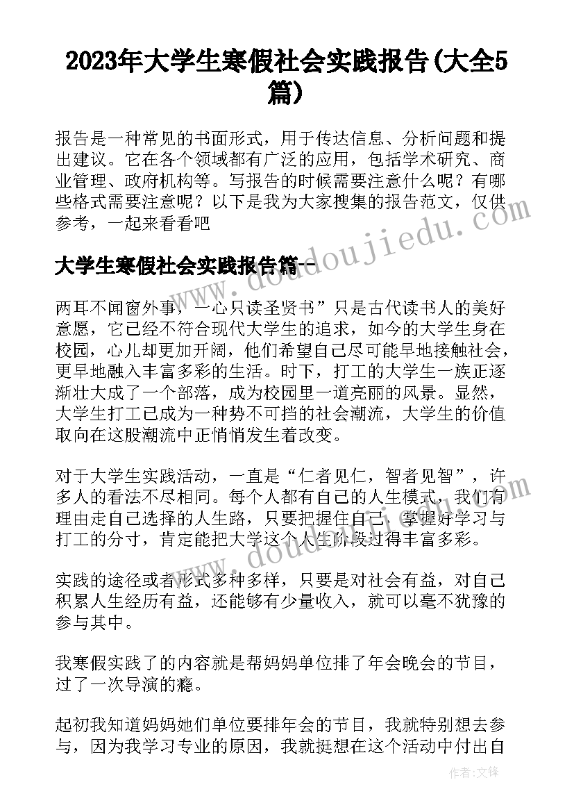 2023年大学生寒假社会实践报告(大全5篇)