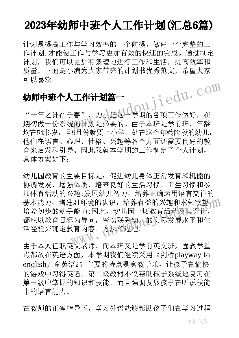 2023年幼师中班个人工作计划(汇总6篇)