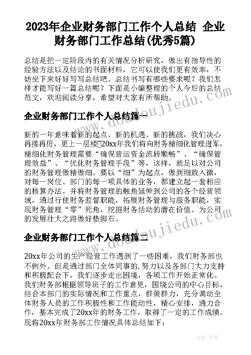 2023年企业财务部门工作个人总结 企业财务部门工作总结(优秀5篇)