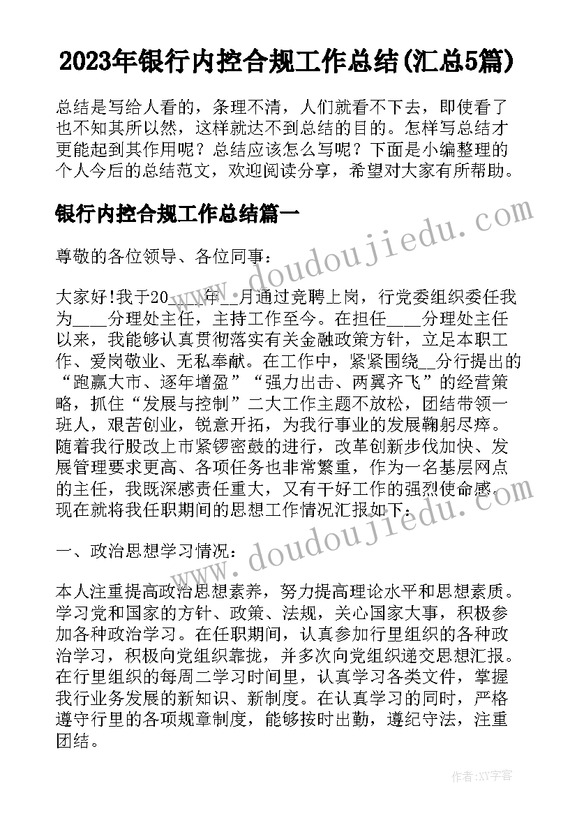 2023年银行内控合规工作总结(汇总5篇)