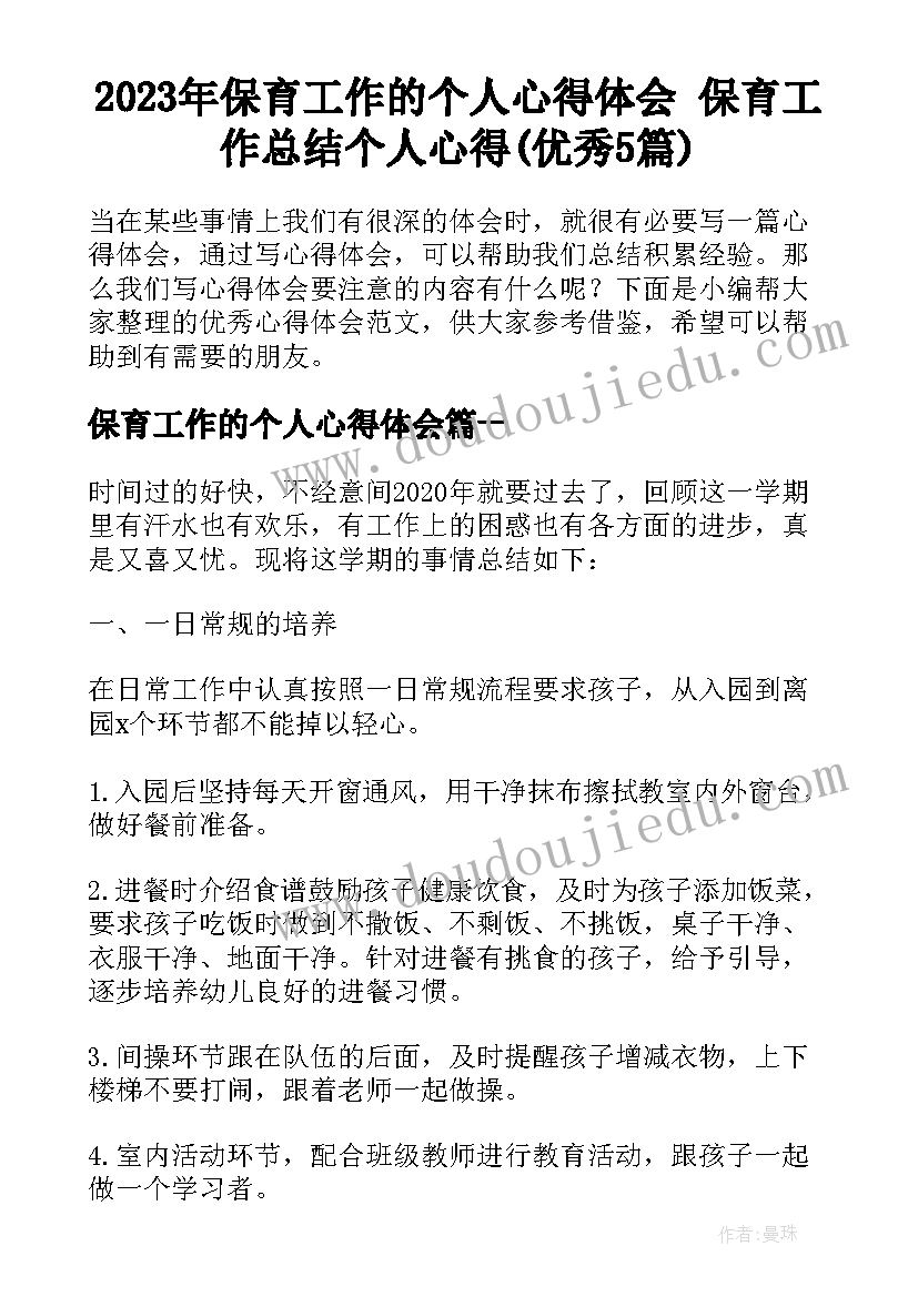 2023年保育工作的个人心得体会 保育工作总结个人心得(优秀5篇)