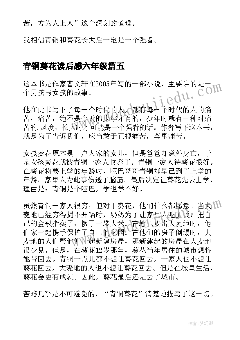 2023年青铜葵花读后感六年级(大全5篇)