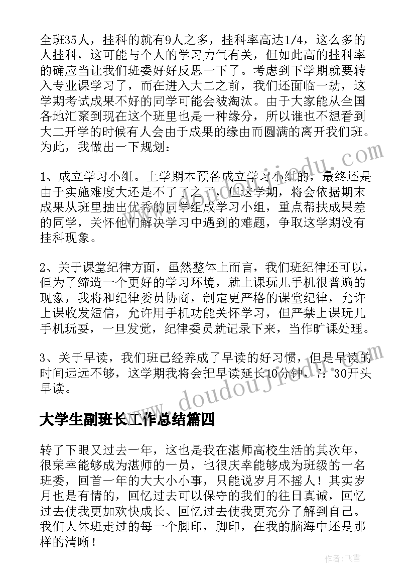 最新大学生副班长工作总结(实用7篇)