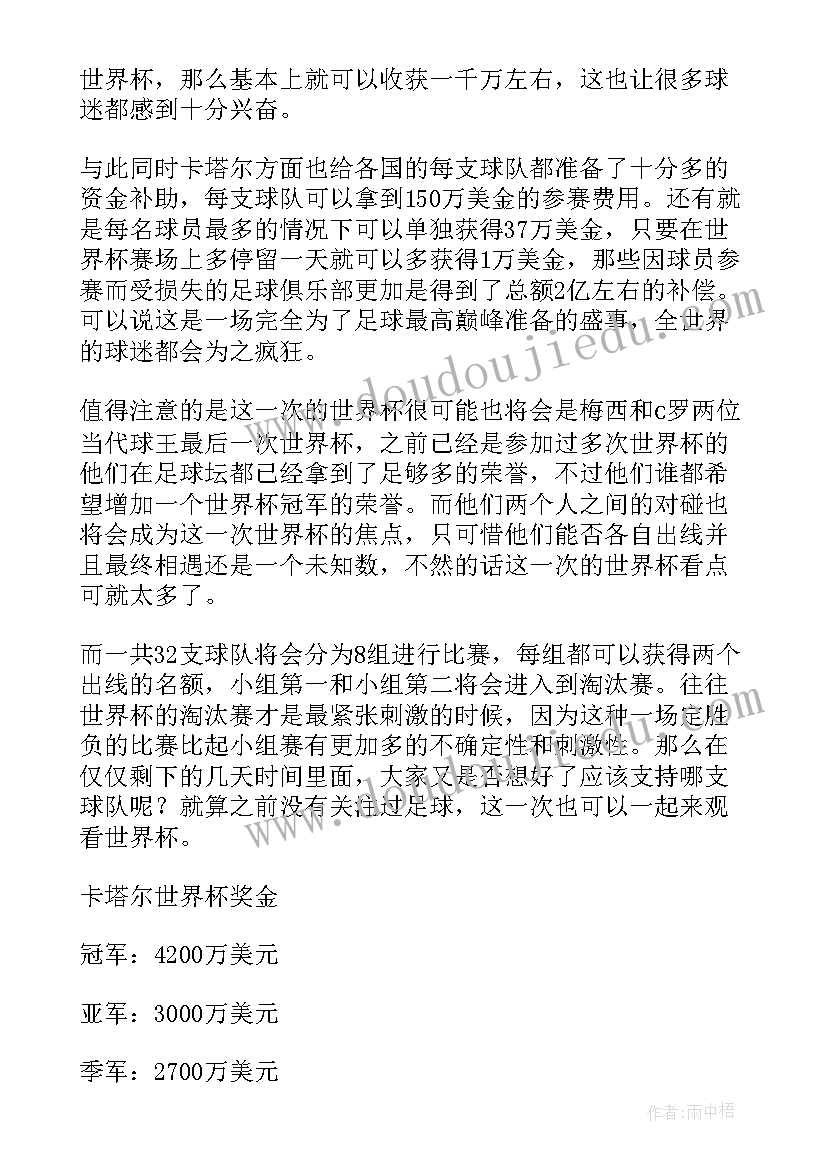 最新卡塔尔世界杯奖金方案出炉好 卡塔尔世界杯奖金分配方案公布(优质5篇)