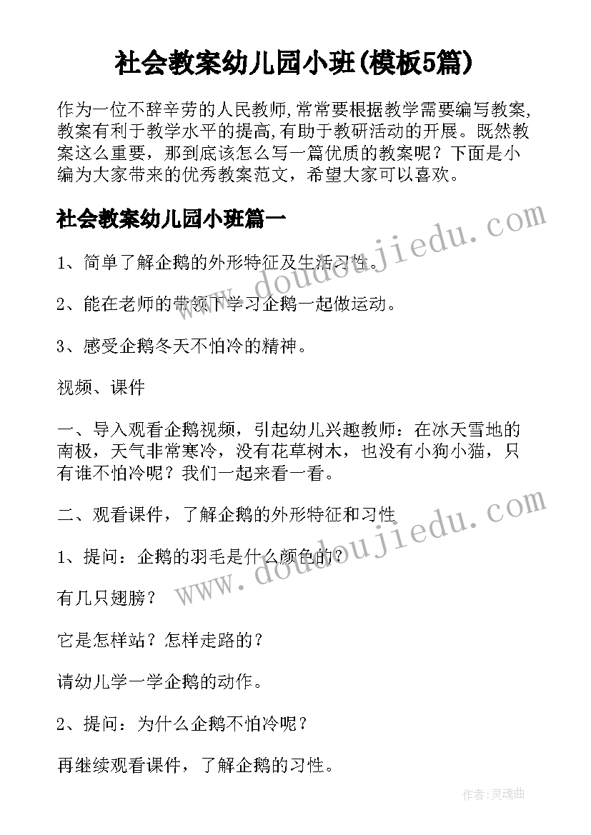 社会教案幼儿园小班(模板5篇)