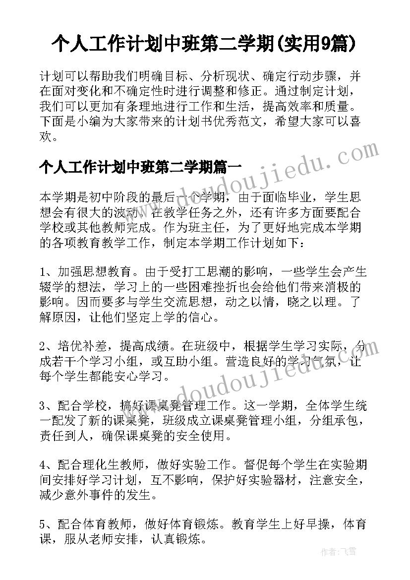 个人工作计划中班第二学期(实用9篇)