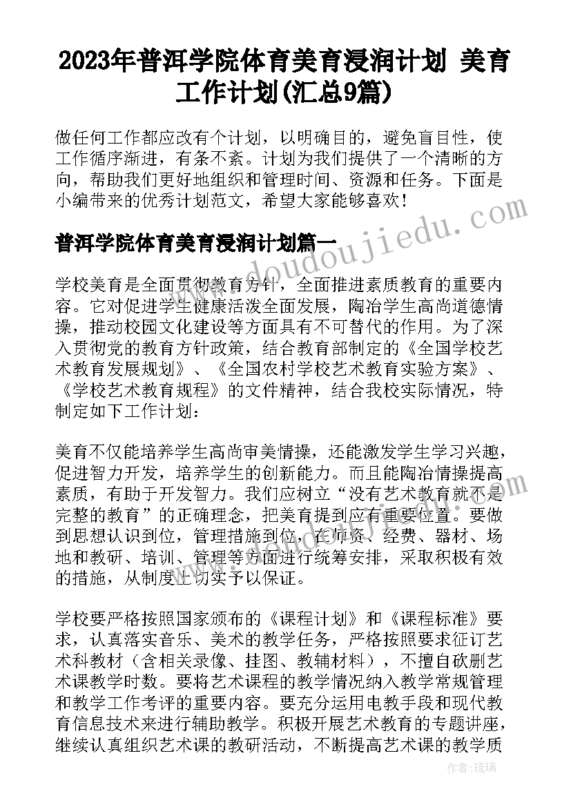 2023年普洱学院体育美育浸润计划 美育工作计划(汇总9篇)