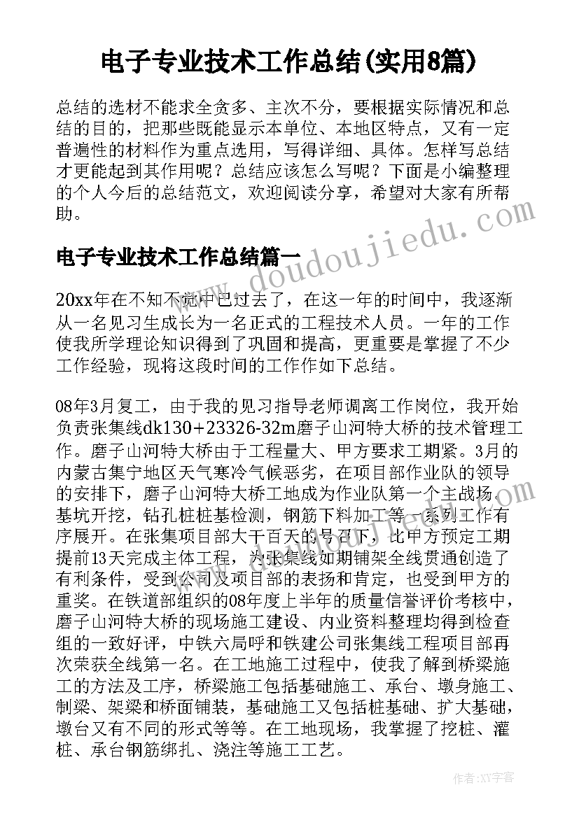 电子专业技术工作总结(实用8篇)