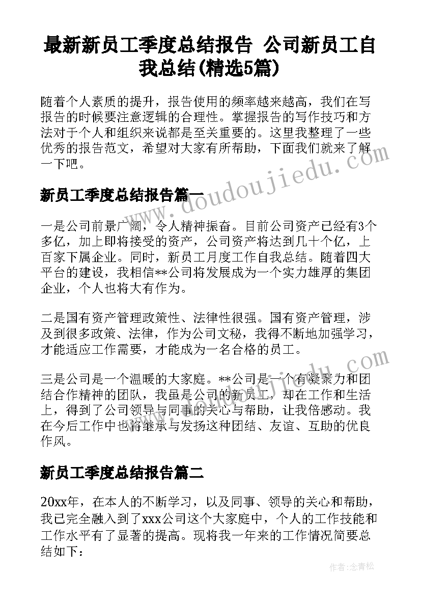 最新新员工季度总结报告 公司新员工自我总结(精选5篇)