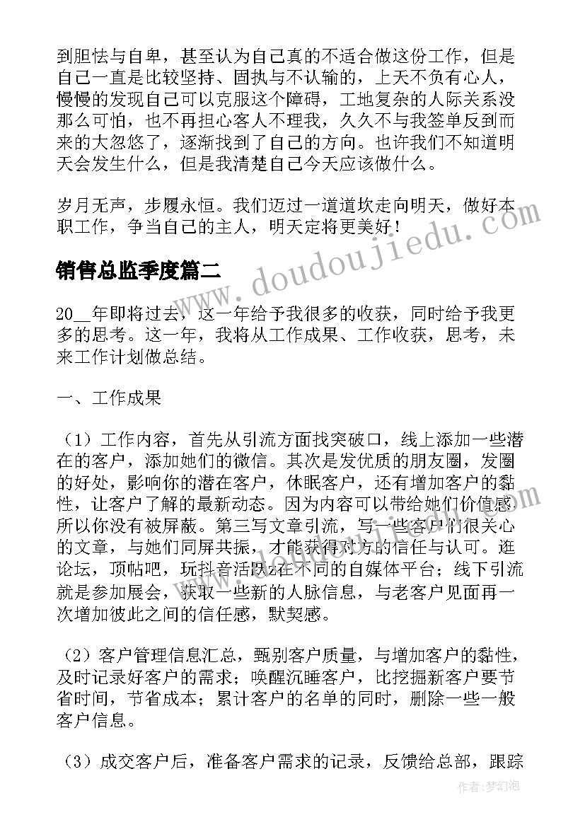 销售总监季度 销售总监年总结及工作计划(实用5篇)