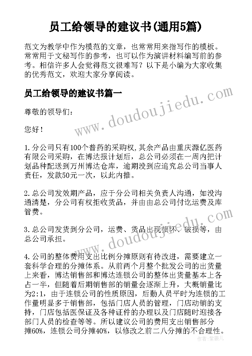 员工给领导的建议书(通用5篇)