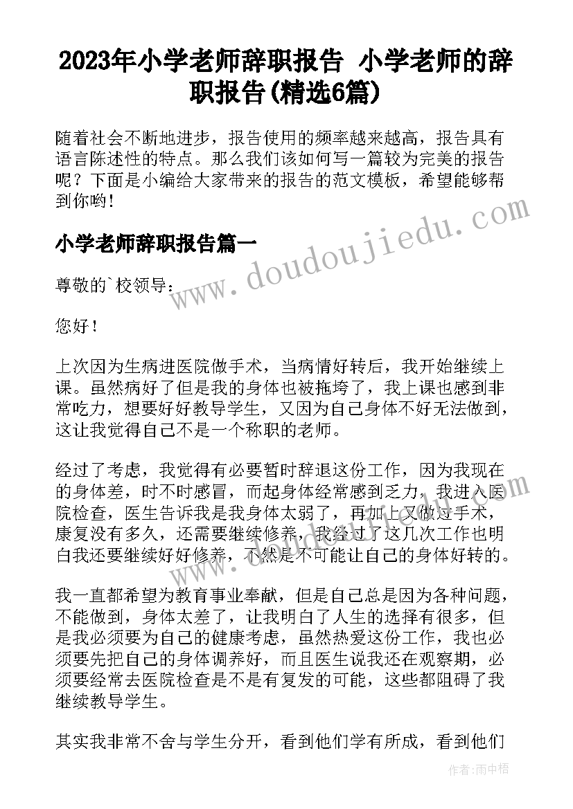 2023年小学老师辞职报告 小学老师的辞职报告(精选6篇)