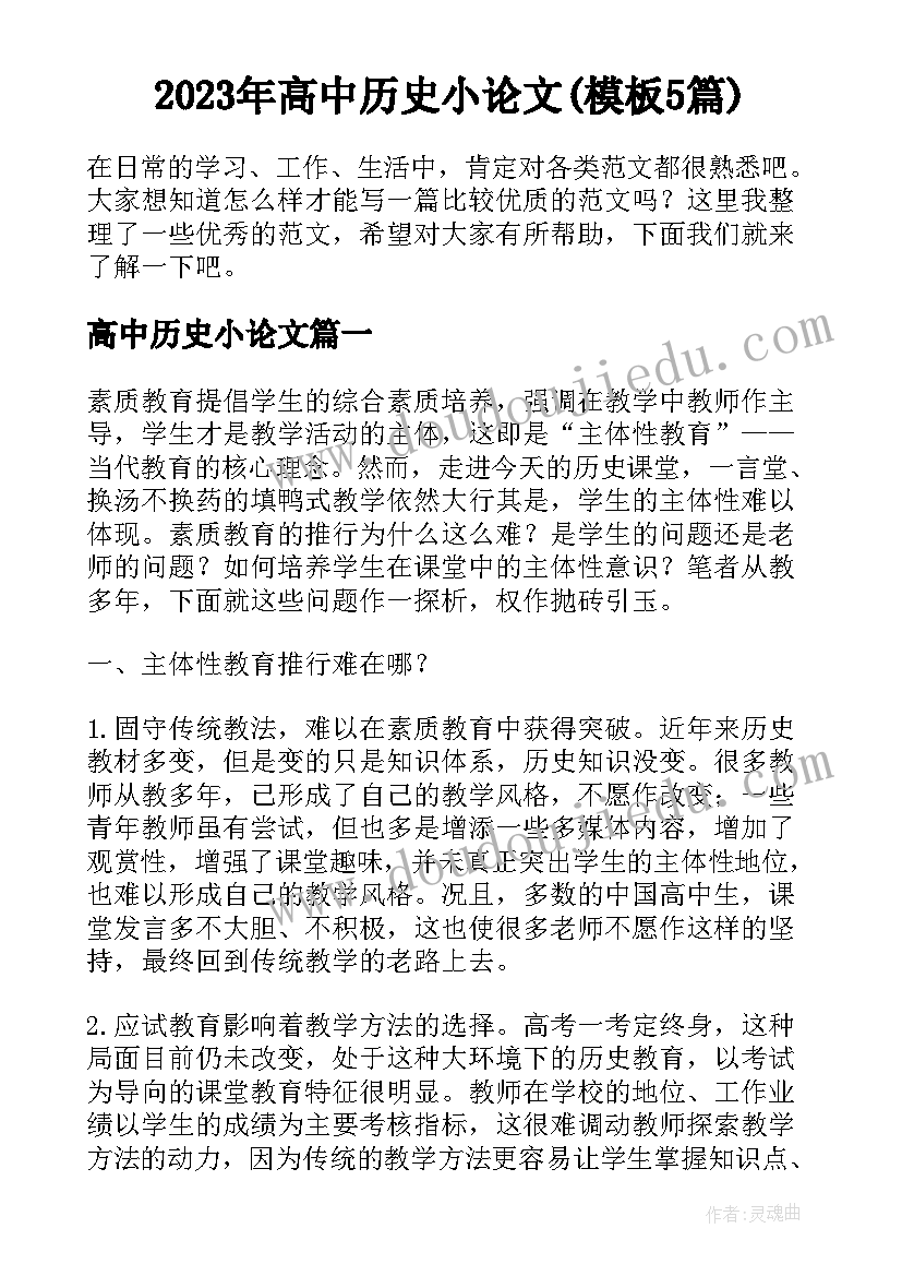 2023年高中历史小论文(模板5篇)