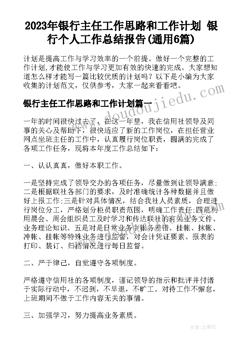 2023年银行主任工作思路和工作计划 银行个人工作总结报告(通用6篇)