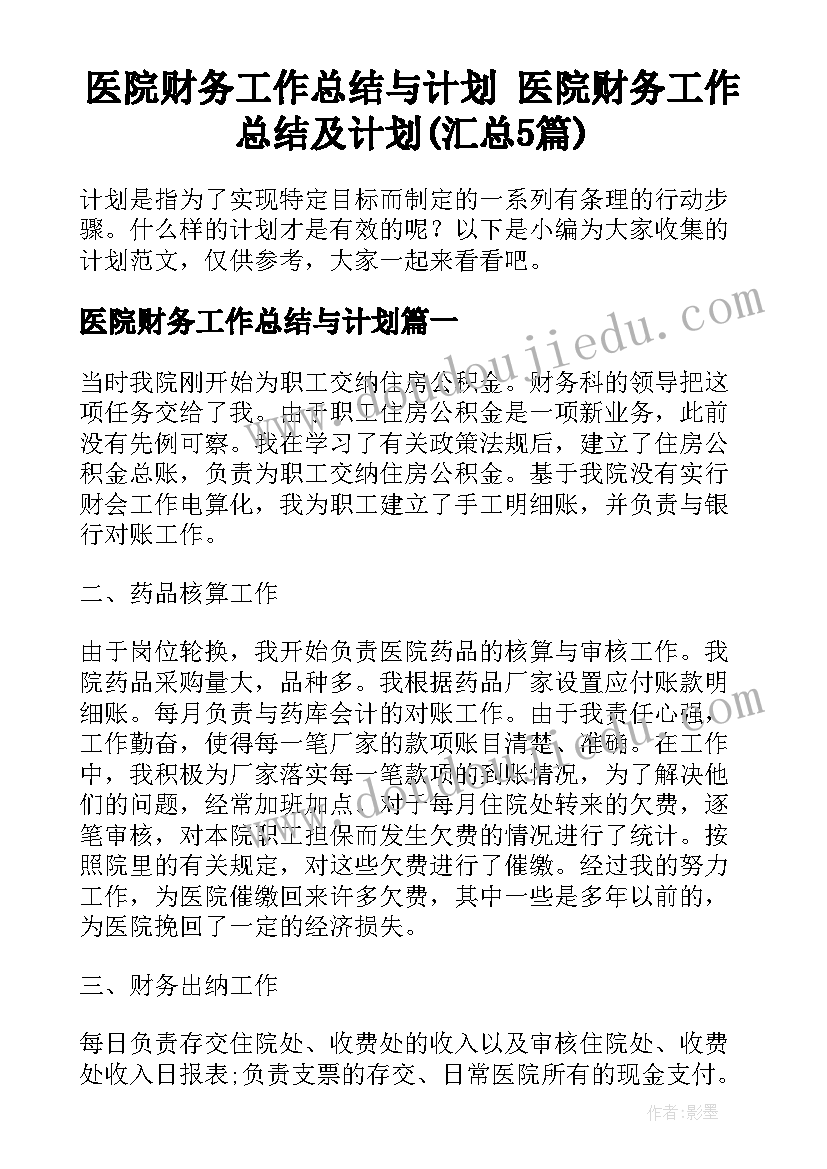 医院财务工作总结与计划 医院财务工作总结及计划(汇总5篇)