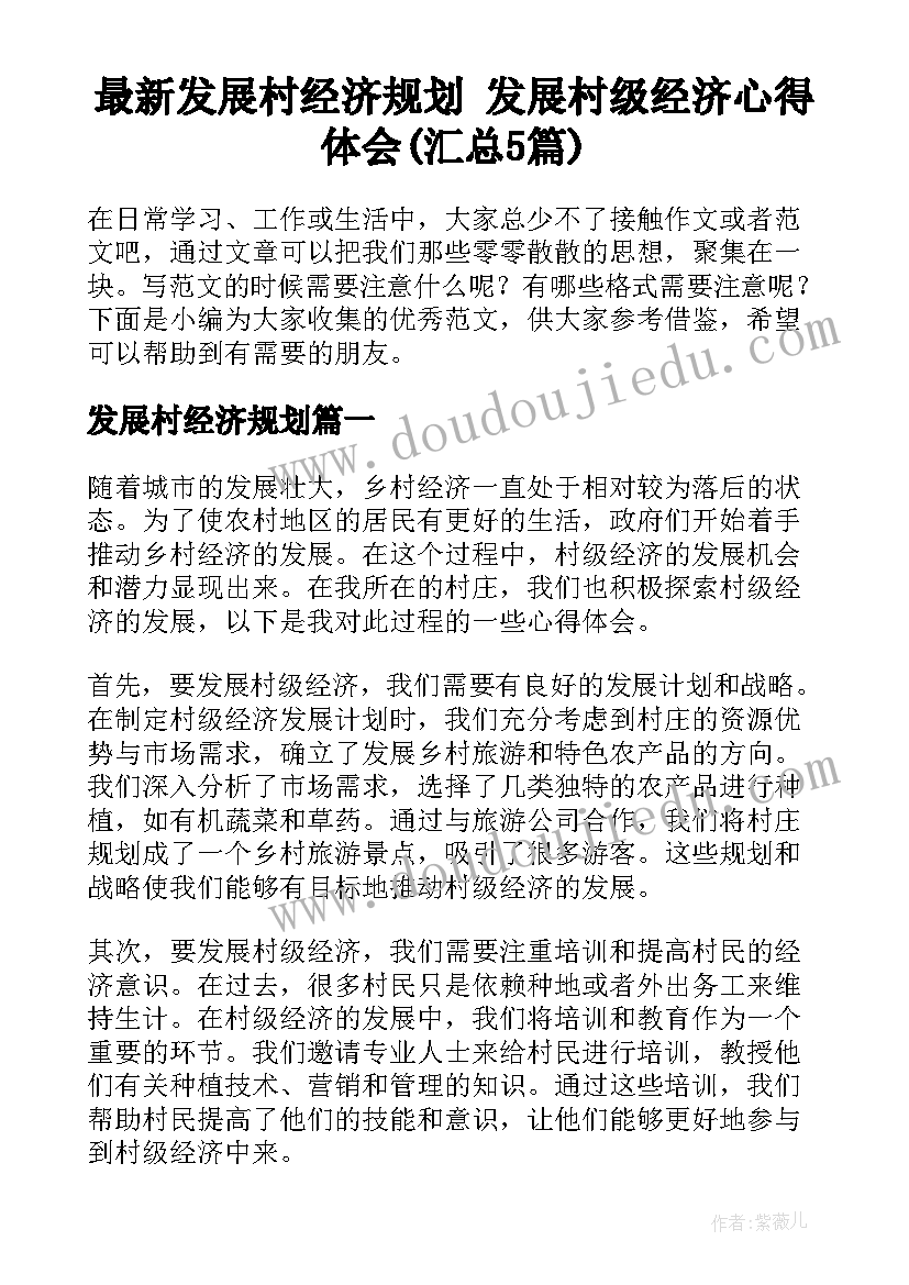 最新发展村经济规划 发展村级经济心得体会(汇总5篇)