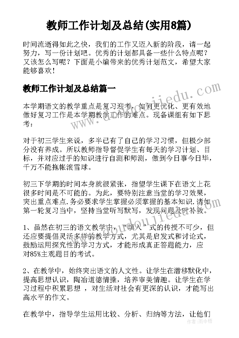 教师工作计划及总结(实用8篇)