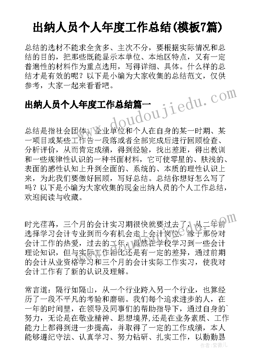 出纳人员个人年度工作总结(模板7篇)