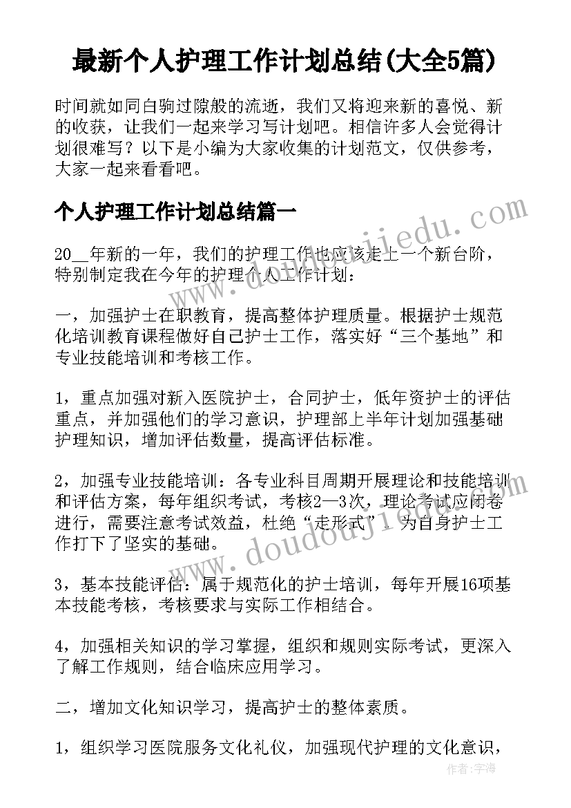 最新个人护理工作计划总结(大全5篇)