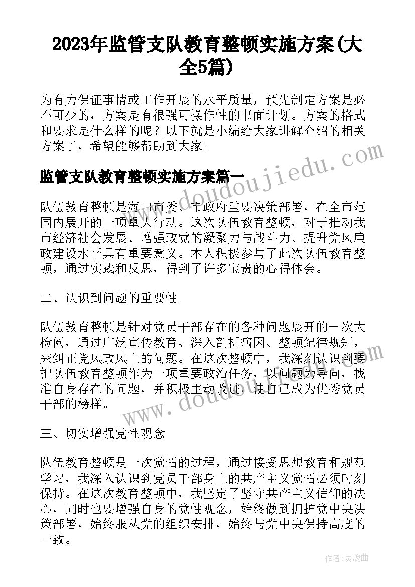 2023年监管支队教育整顿实施方案(大全5篇)