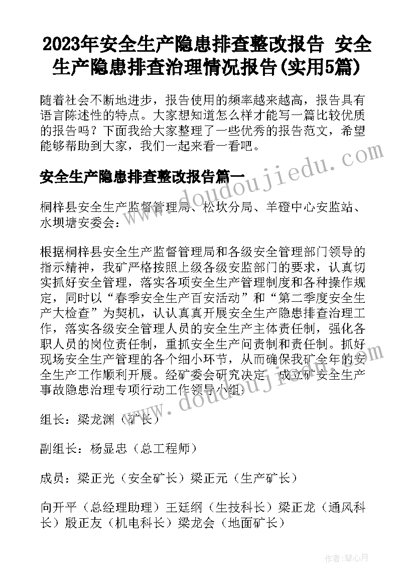 2023年安全生产隐患排查整改报告 安全生产隐患排查治理情况报告(实用5篇)