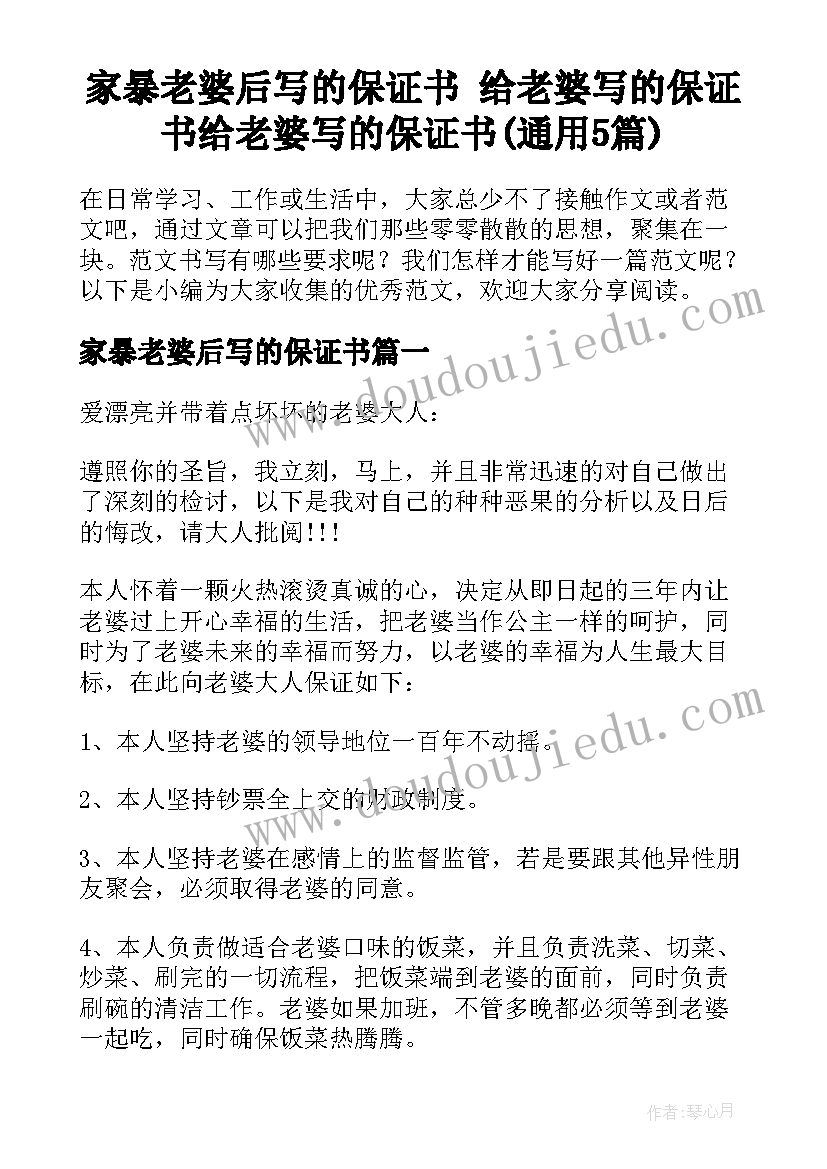 家暴老婆后写的保证书 给老婆写的保证书给老婆写的保证书(通用5篇)