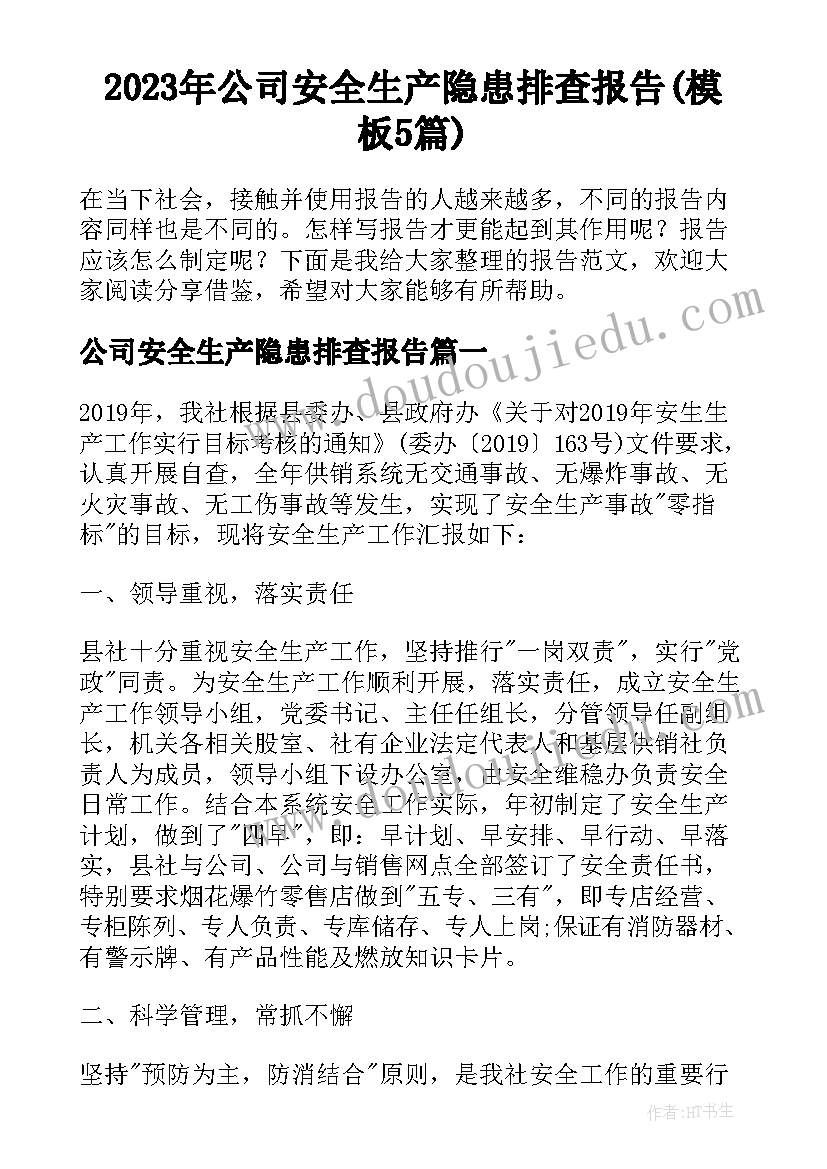 2023年公司安全生产隐患排查报告(模板5篇)