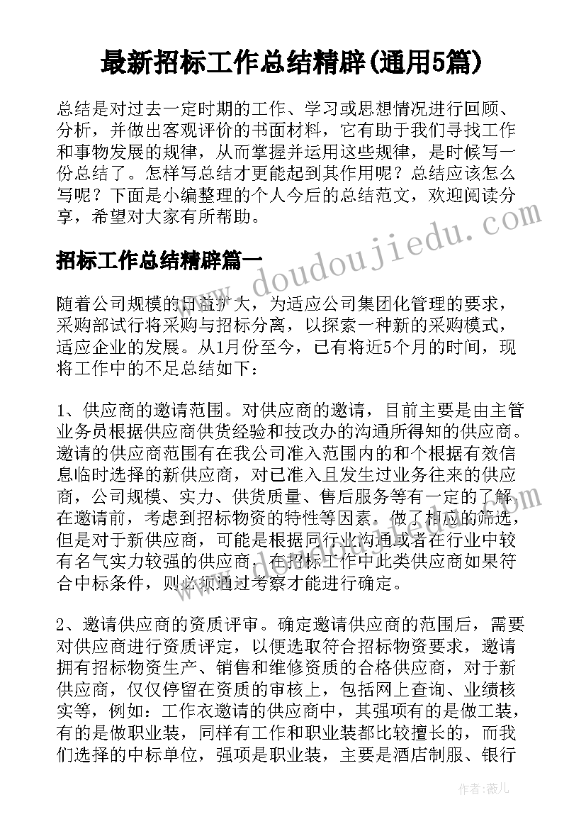 最新招标工作总结精辟(通用5篇)