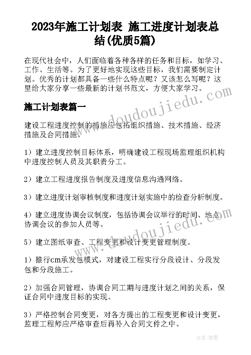 2023年施工计划表 施工进度计划表总结(优质5篇)