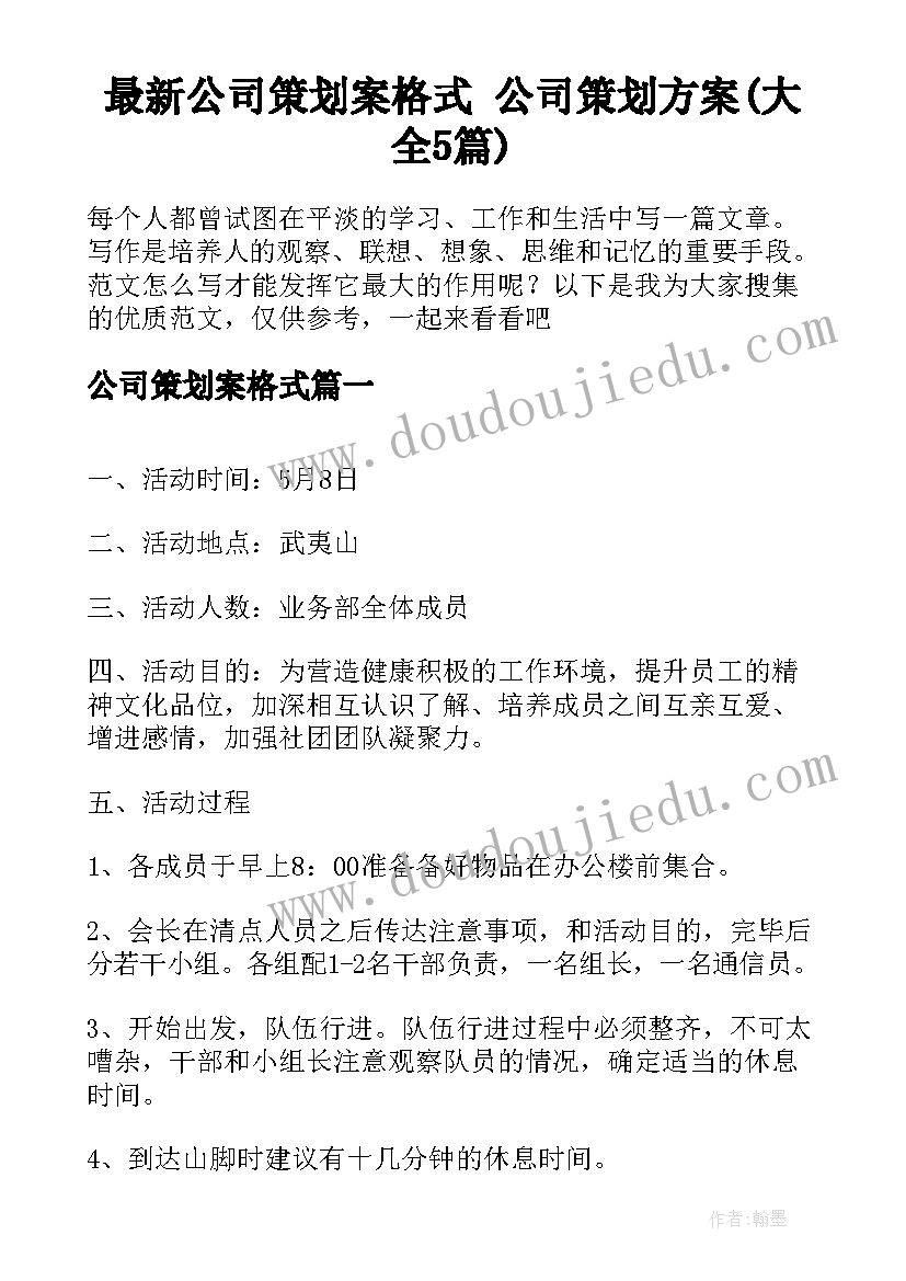 最新公司策划案格式 公司策划方案(大全5篇)