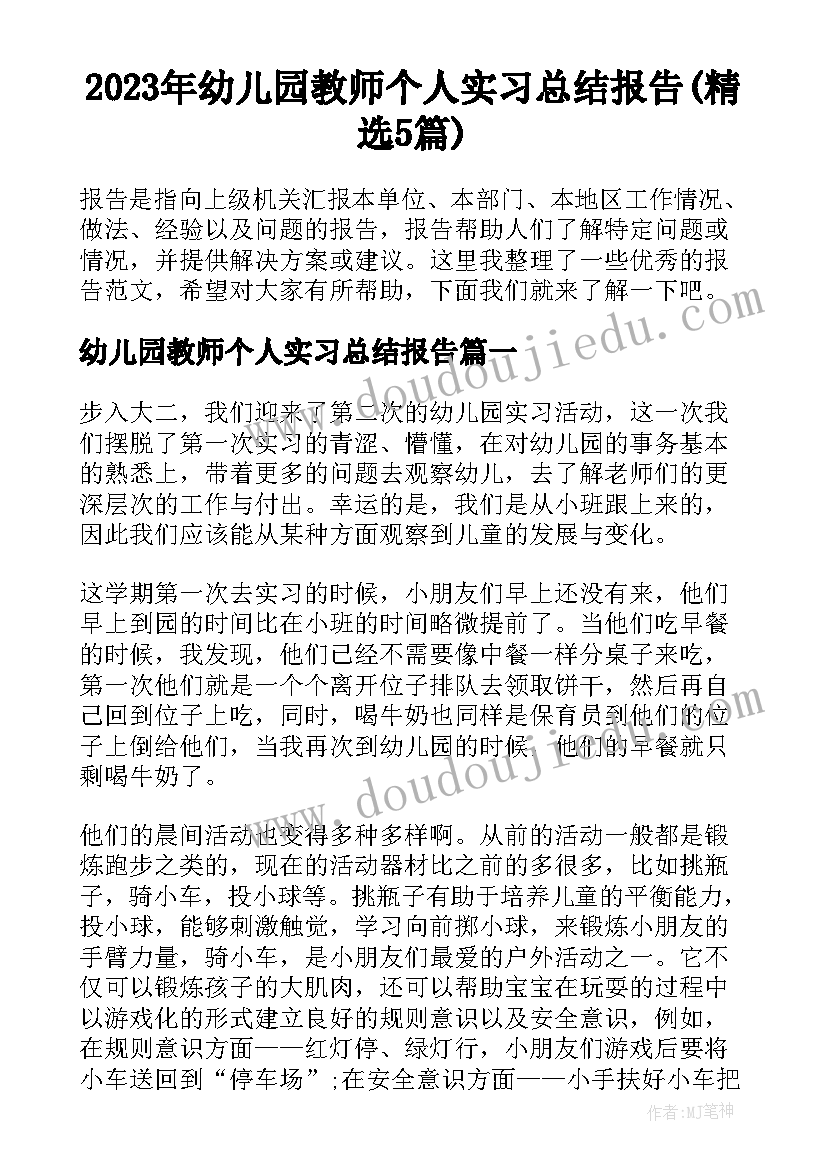 2023年幼儿园教师个人实习总结报告(精选5篇)