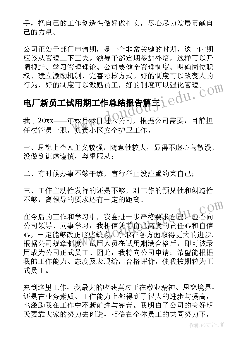 2023年电厂新员工试用期工作总结报告(实用8篇)