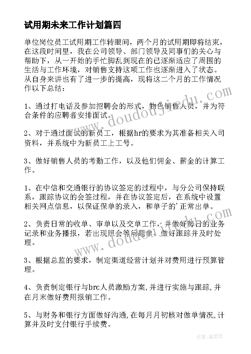 最新试用期未来工作计划(实用6篇)