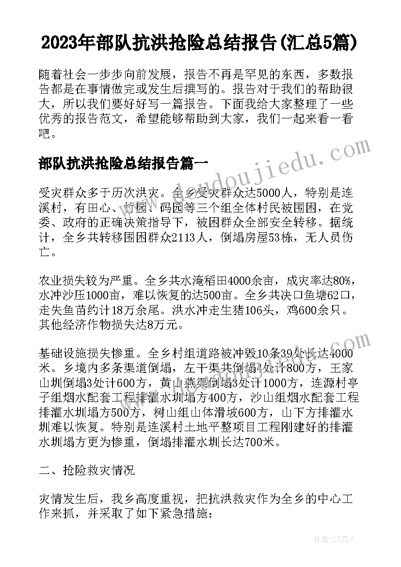 2023年部队抗洪抢险总结报告(汇总5篇)