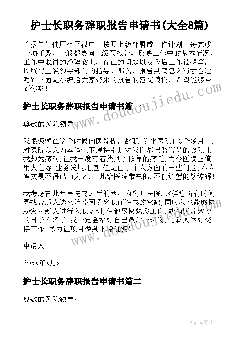 护士长职务辞职报告申请书(大全8篇)
