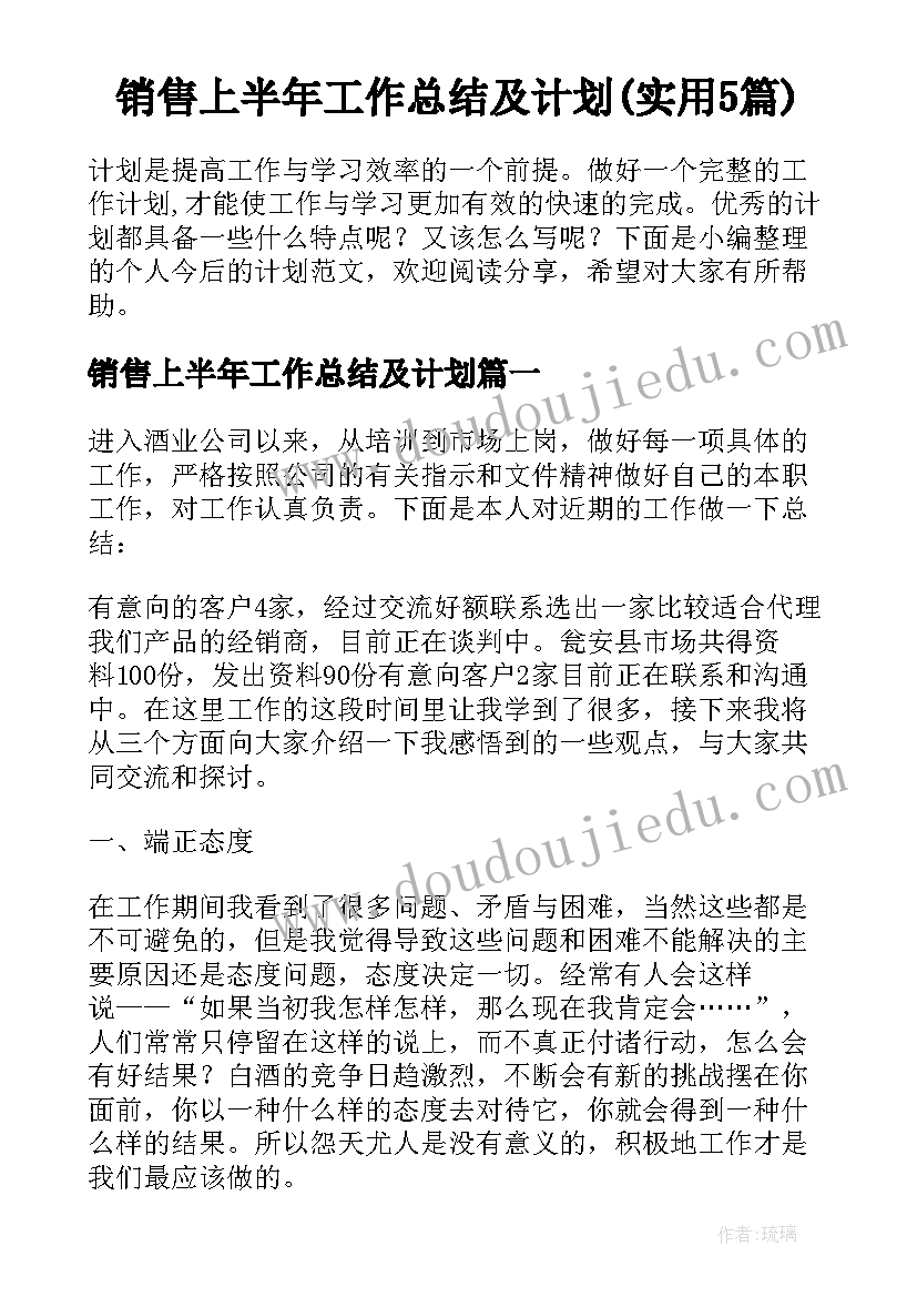 销售上半年工作总结及计划(实用5篇)