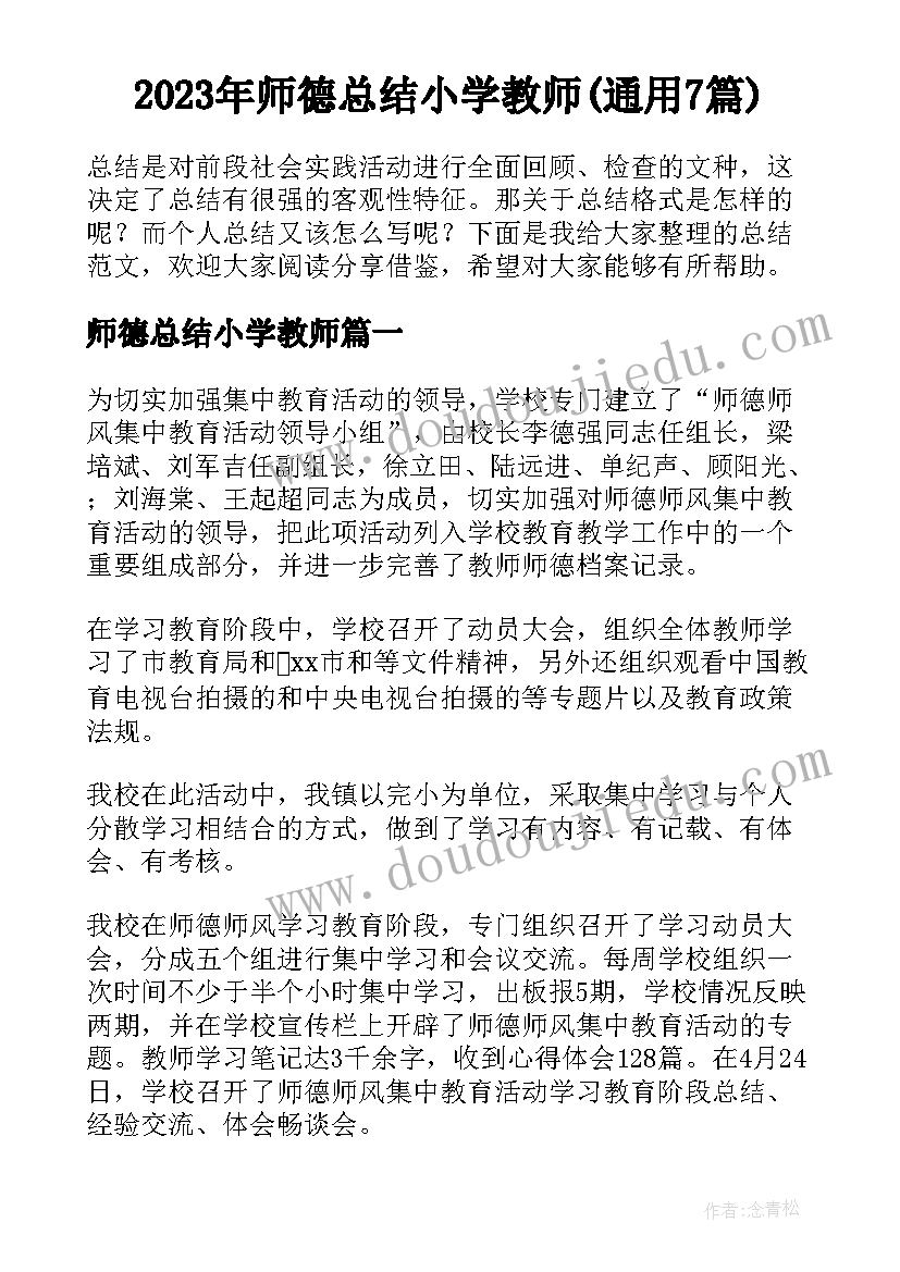 2023年师德总结小学教师(通用7篇)