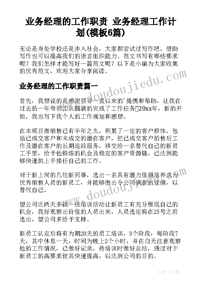 业务经理的工作职责 业务经理工作计划(模板6篇)