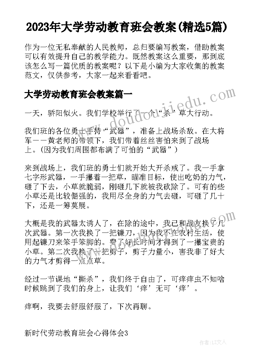 2023年大学劳动教育班会教案(精选5篇)