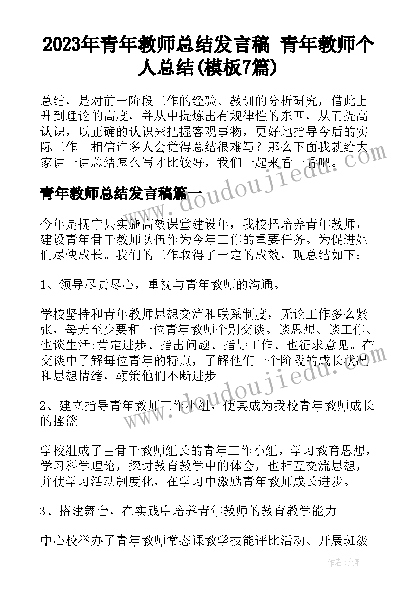 2023年青年教师总结发言稿 青年教师个人总结(模板7篇)