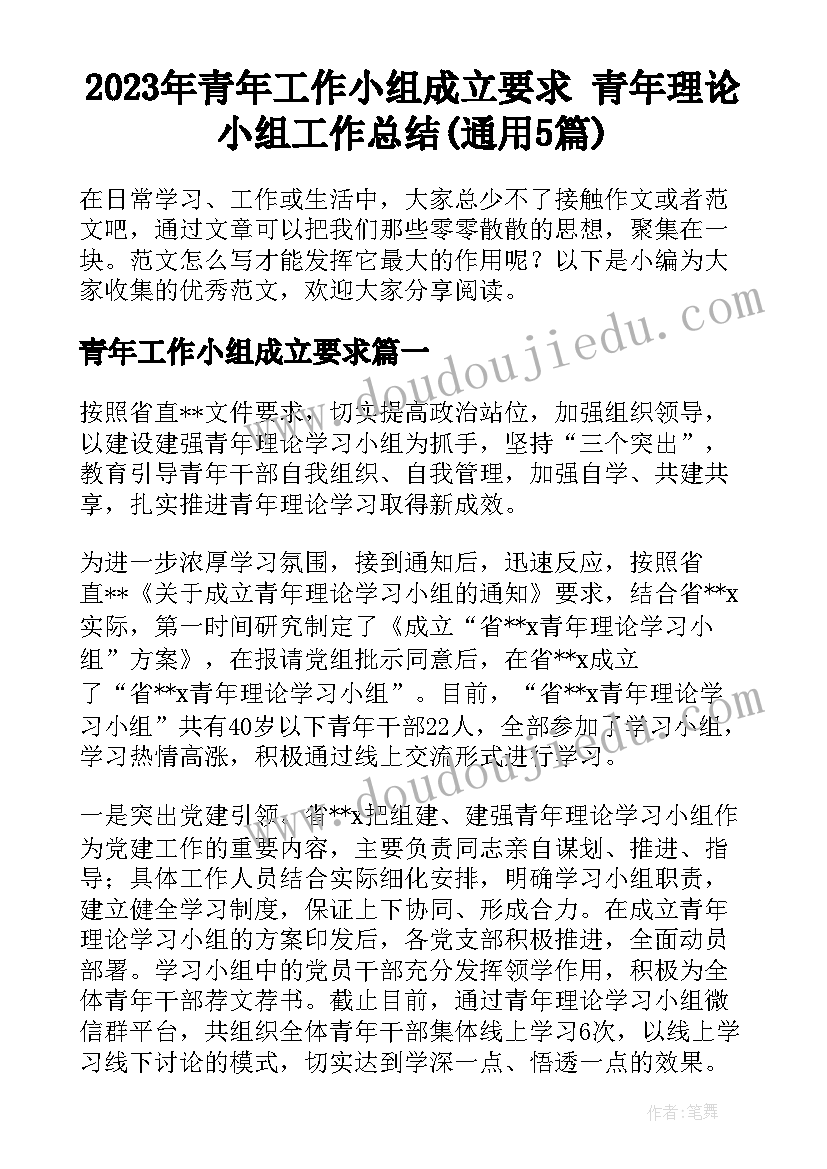 2023年青年工作小组成立要求 青年理论小组工作总结(通用5篇)