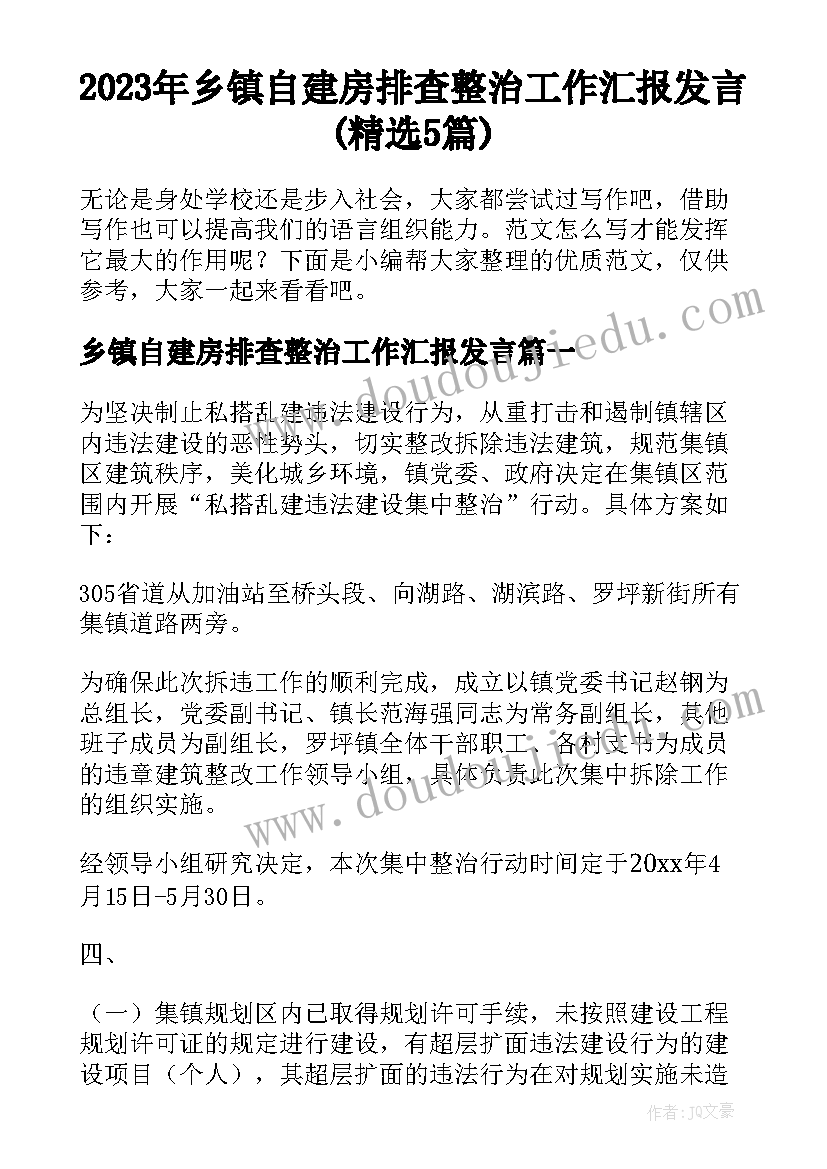 2023年乡镇自建房排查整治工作汇报发言(精选5篇)