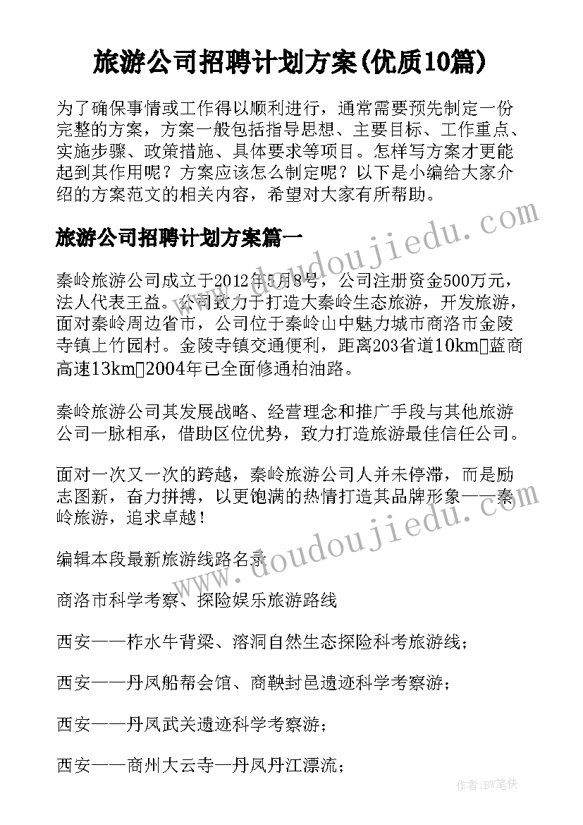 旅游公司招聘计划方案(优质10篇)