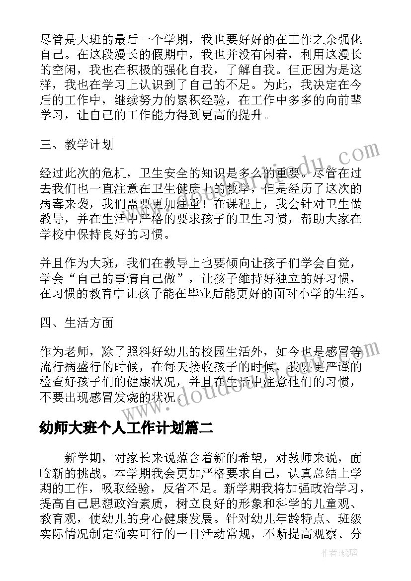 最新幼师大班个人工作计划 大班幼师个人工作计划(大全5篇)