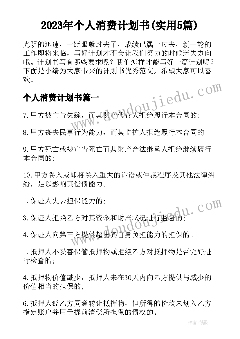 2023年个人消费计划书(实用5篇)