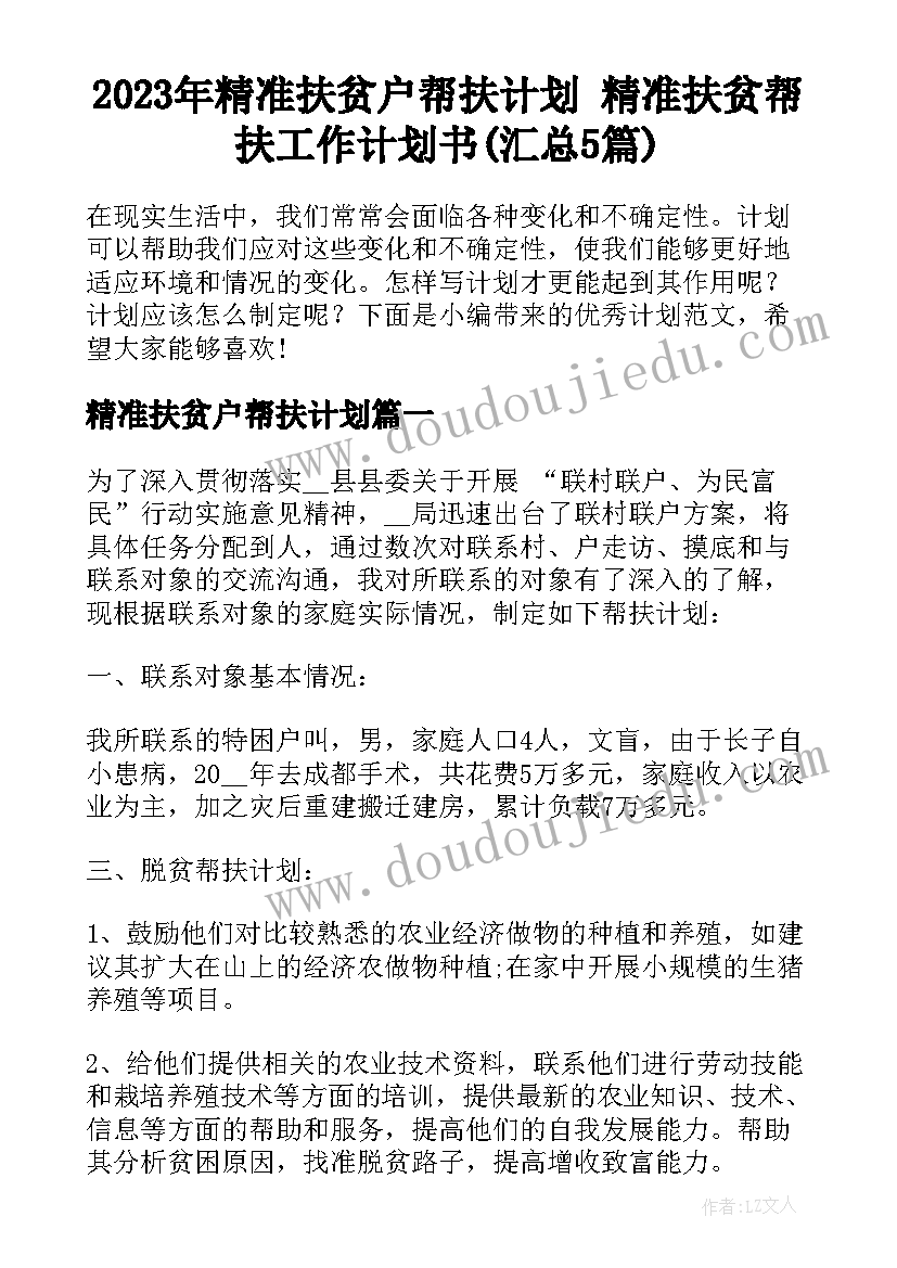 2023年精准扶贫户帮扶计划 精准扶贫帮扶工作计划书(汇总5篇)