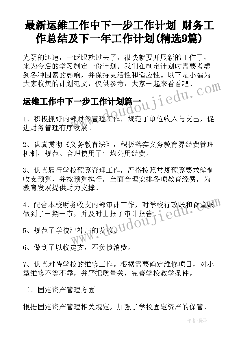 最新运维工作中下一步工作计划 财务工作总结及下一年工作计划(精选9篇)