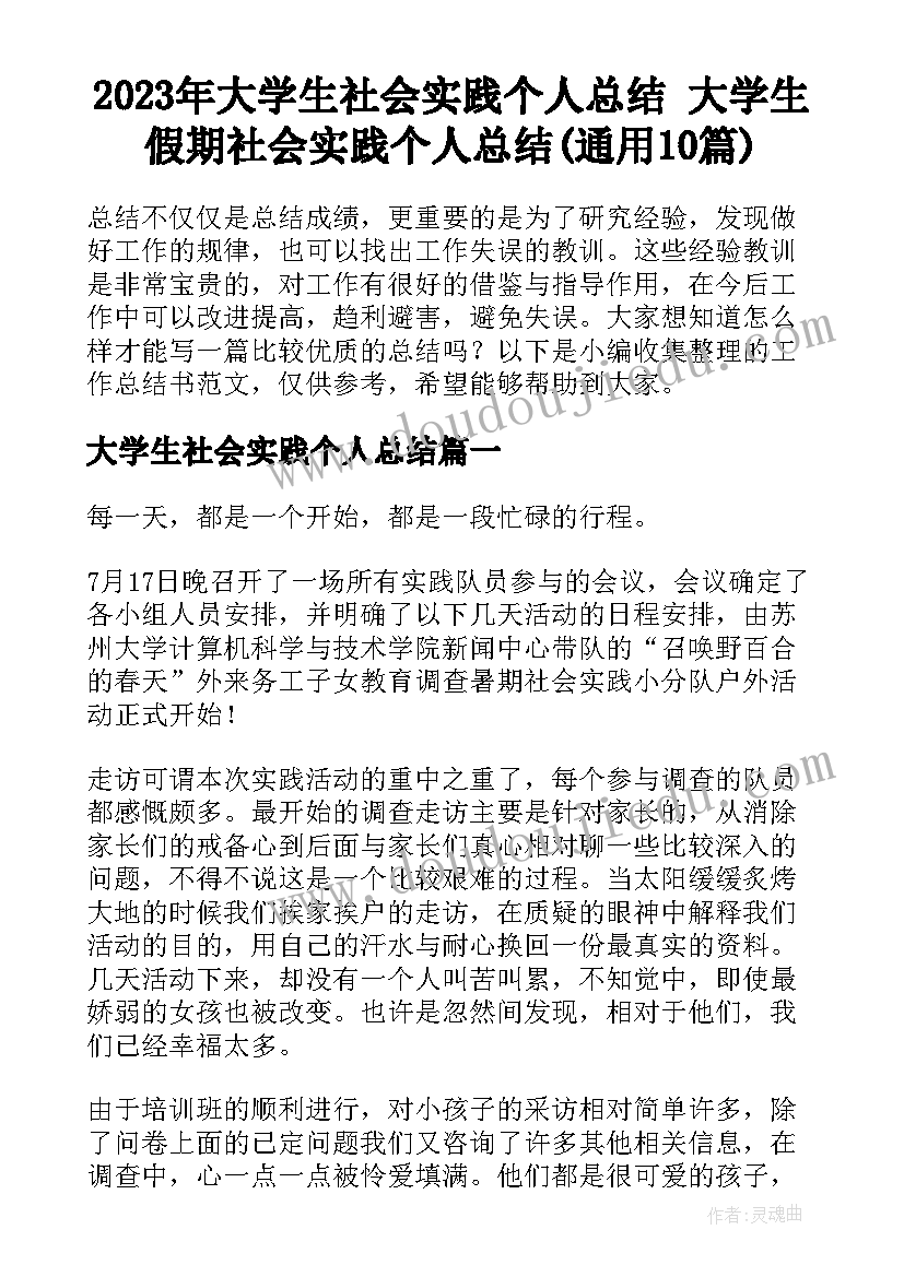 2023年大学生社会实践个人总结 大学生假期社会实践个人总结(通用10篇)