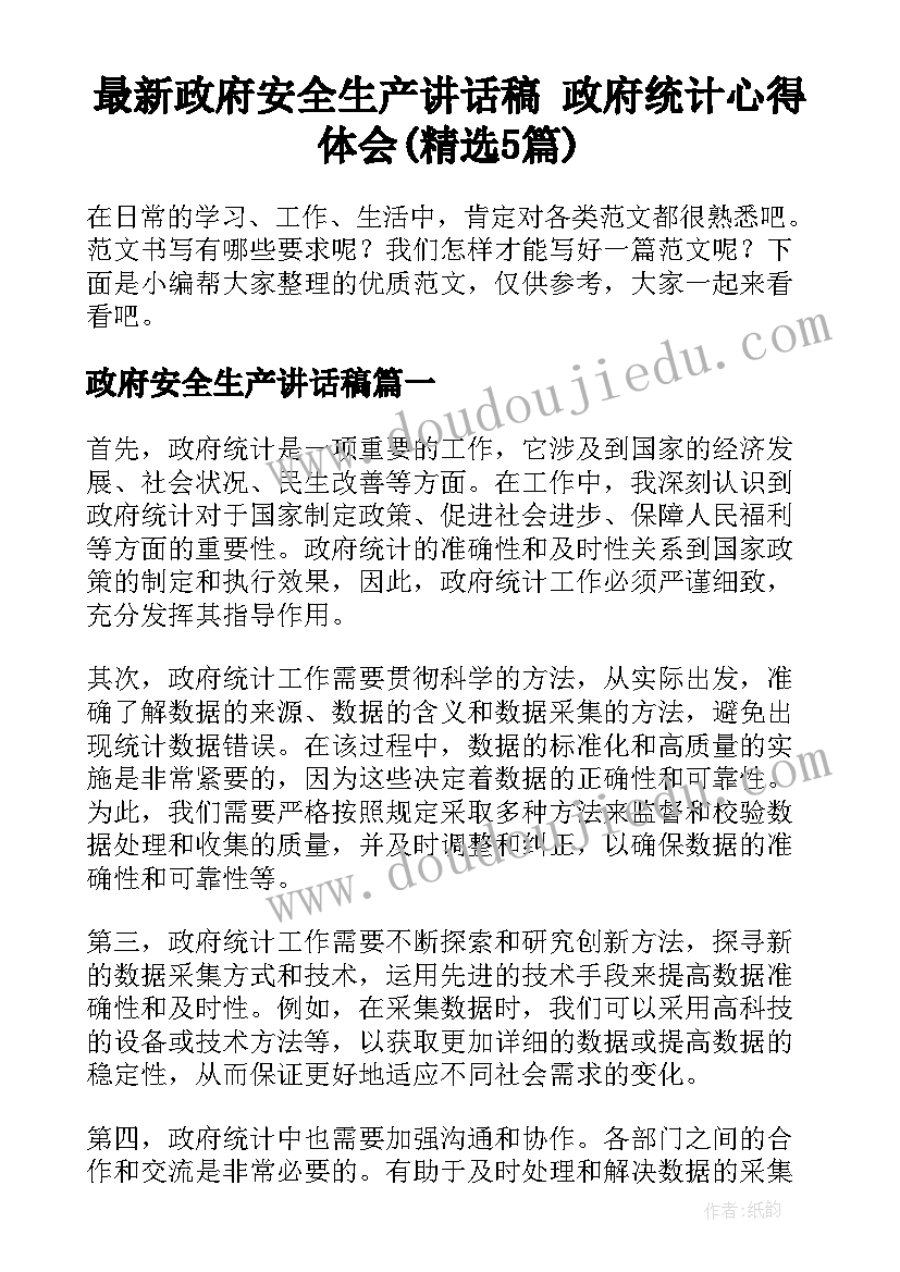 最新政府安全生产讲话稿 政府统计心得体会(精选5篇)