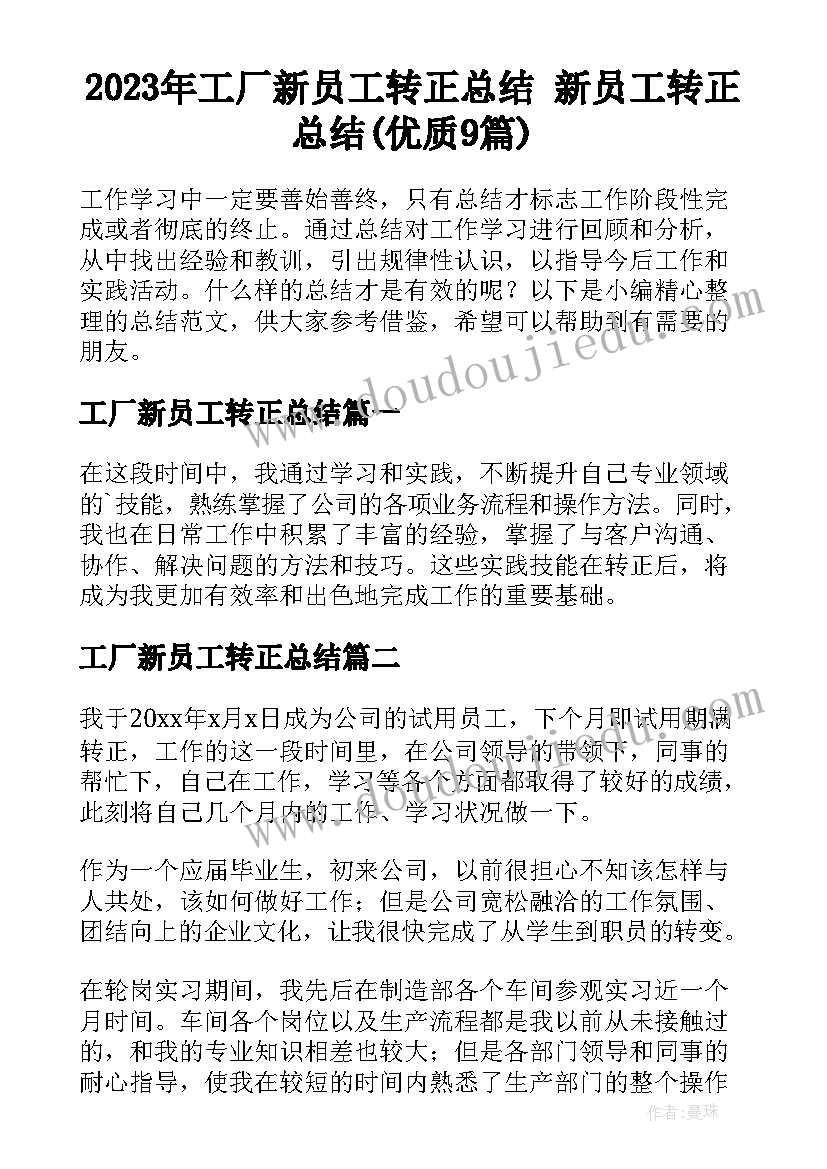 2023年工厂新员工转正总结 新员工转正总结(优质9篇)